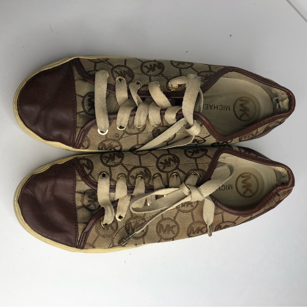 Michael Kors Brown & Tan Canvas Logo fashion Sneakers sz 8 1/2